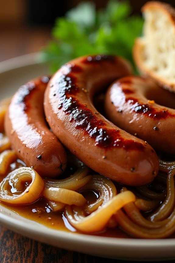 beer braised bratwurst with onions