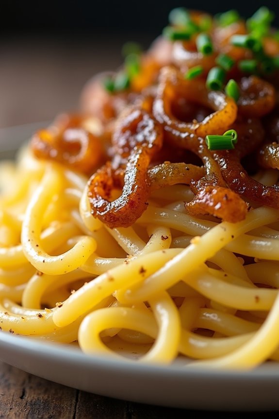 cheesy sp tzle with caramelized onions