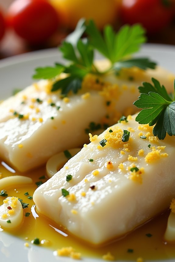 garlic infused poached halibut