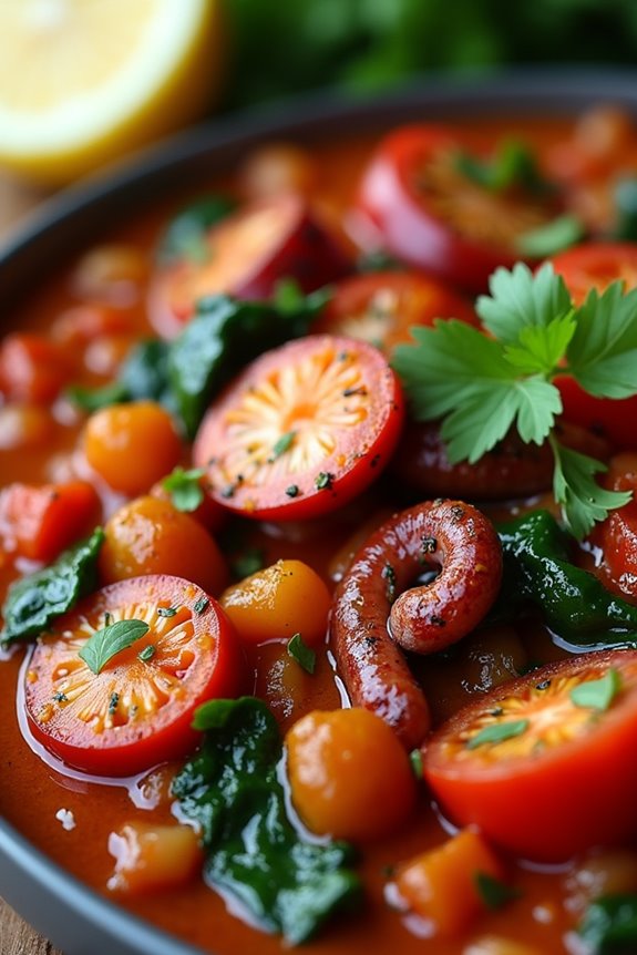 octopus with spinach tomato sauce