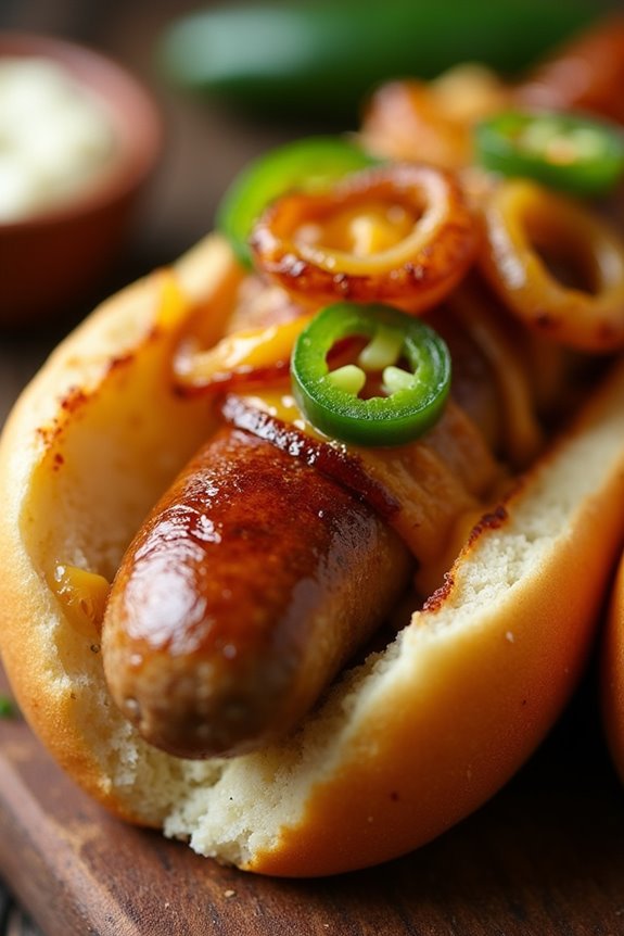 spicy bratwurst with toppings