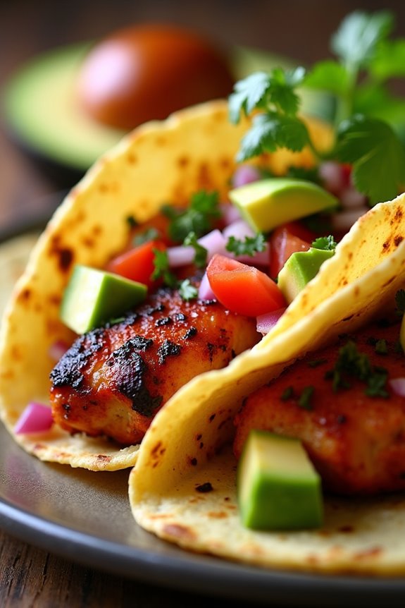 spicy tacos with avocado salsa